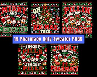 Puede incluir: Una colección de cinco diseños gráficos digitales con motivos de farmacia navideños. Las ilustraciones incluyen frascos de pastillas antropomórficos, cápsulas y texto festivo como Merry and Medicated, RX-MAS Tree y Jingle Pills.
