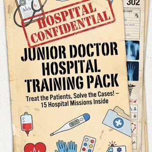 Może przedstawiać: Zestaw szkoleniowy "Junior Doctor Hospital Training Pack" w stylu vintage z ilustracjami medycznymi. Okładka zawiera czerwony stempel "Hospital Confidential", stetoskop i bransoletkę identyfikacyjną pacjenta. Zawiera termometr, pigułki i karetkę pogotowia.