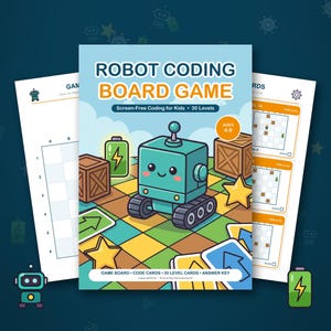 May include: A Robot Coding Board Game box cover featuring a teal robot on a colourful grid, with text reading Robot Coding Board Game, Screen-Free Coding for Kids, 30 Levels, Ages 4-9, Game Board, Code Cards, 30 Level Cards, Answer Key.