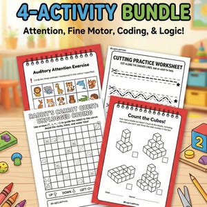 Könnte beinhalten: Ein 4-Aktivitäten-Paket für Spaß und Bildung. Das Paket enthält Arbeitsblätter für auditive Aufmerksamkeit, Schneideübungen, uncodiertes Programmieren und Würfelzählen. Die Arbeitsblätter sind rot umrandet und spiralgebunden.