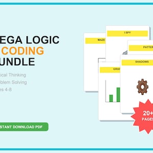 Może przedstawiać: Zestaw materiałów edukacyjnych dla dzieci w wieku 4-8 lat, zatytułowany "MEGA LOGIC & CODING BUNDLE." Zawiera ćwiczenia z "Krytycznego myślenia" i "Rozwiązywania problemów." Zestaw zawiera gry "I Spy," "Maze," "Pattern," i "Shadows." Na obrazku widoczny jest również tekst "20+ PAGES."