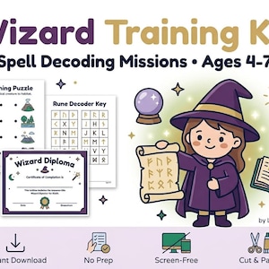 May include: A Wizard Training Kit featuring Spell Decoding Missions for ages 4-7. Includes a matching puzzle, rune decoder key, wizard diploma, and an illustration of a character in a purple robe holding a scroll, a crystal ball, and a book.