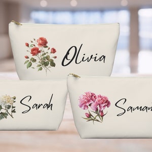 Custom Birth Flower Gift, Custom Make Up Bag, Accessories Pouch, Custom Name Pencil Case, Custom Toiletry Bag, Gift For Mom