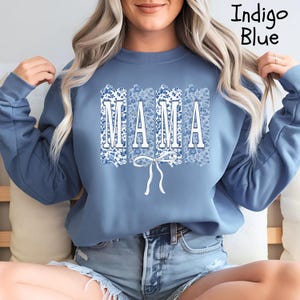 Mama Sweatshirt, Blue Ribbon Shirt, Mothers Day Gift, Girly Aesthetic Gift For Mom, Cute Mom Shirt, Bow Shirt, Chinoiserie Shirt, Bow Mom