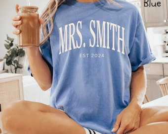 Custom Mrs. Last Name Comfort Colors Shirt, Bridal Shower Gift