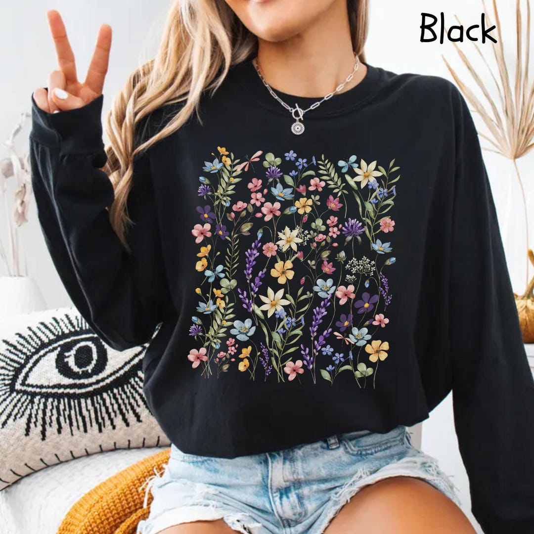Comfort Colors Floral Long Sleeve Shirt, Wildflowers and Butterflies - Etsy