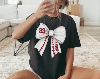 Custom Baseball Mom Shirt, Bow Design, Personalized Jersey Number