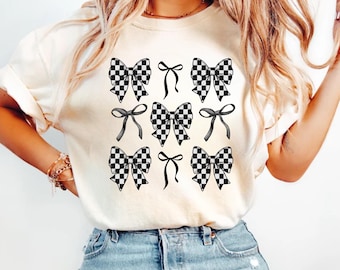 Comfort Colors Checkered Bow T-Shirt, Retro Mama Shirt