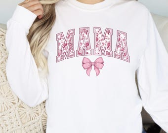 Comfort Colors Mama Long Sleeve Shirt, Floral Bow, Girly Mom Gift