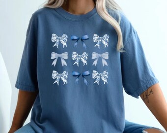Comfort Colors Toile Bow Shirt, Girly Blue Ribbon Tee