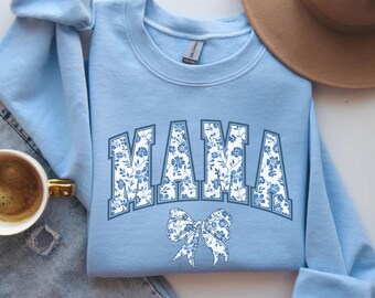 Blue Floral Mama Sweatshirt, Bow Shirt, Mothers Day Gift
