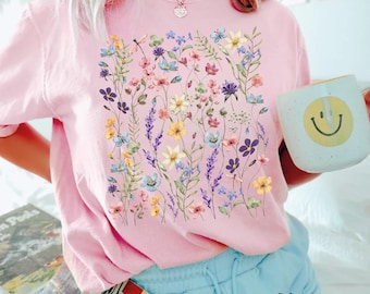 Vintage Pressed Flowers Comfort Colors T-Shirt, Boho Cottagecore Floral Tee