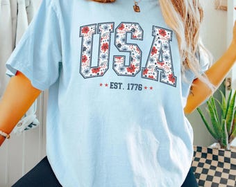 Comfort Colors Floral USA T-Shirt, Patriotic 4th of July Tee