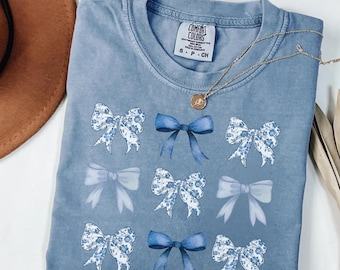 Comfort Colors Toile Bow Shirt, Girly Chinoiserie Ribbon Tee