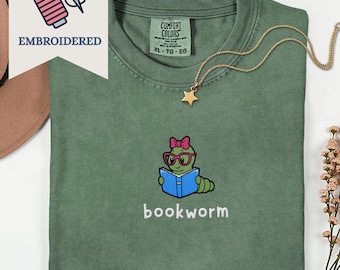 Embroidered Bookworm Comfort Colors Shirt, Gift for Reader