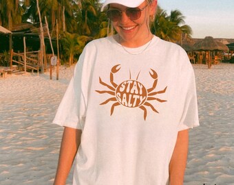 Comfort Colors Beach Shirt, Trendy Crab Graphic, Salty Summer Tee