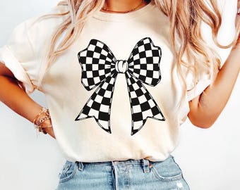 Comfort Colors Checkered Bow T-Shirt, Retro Mama Tee