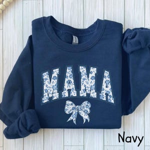 Mama Sweatshirt, Blue Ribbon Shirt, Mothers Day Gift, Girly Aesthetic Gift For Mom, Cute Mom Shirt, Bow Shirt, Chinoiserie Shirt, Bow Mom
