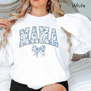 Mama Sweatshirt, Blue Ribbon Shirt, Mothers Day Gift, Girly Aesthetic Gift For Mom, Cute Mom Shirt, Bow Shirt, Chinoiserie Shirt, Bow Mom