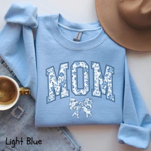 Mom Sweatshirt, Blue Ribbon Shirt, Mothers Day Gift, Girly Aesthetic Gift For Mom, Cute Mom Shirt, Bow Shirt, Chinoiserie Shirt, Bow Mom