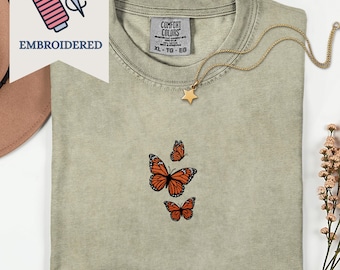 Comfort Colors Embroidered Butterfly Shirt, Minimalist Retro Tee