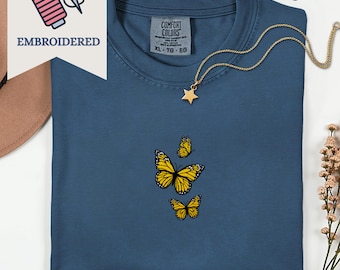 Comfort Colors Embroidered Butterfly Shirt, Minimalist Retro Tee