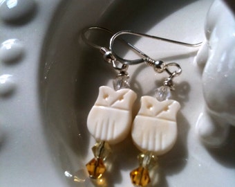 Snowy Owl Earrings- Vintage Beads and Crystal