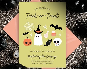 May include: A yellow and green invitation card with a ghost, pumpkin, bat, and candy corn illustration. The text reads "Get Ready to Trick-or-Treat" and includes details for a Halloween party hosted by the Demseys on Thursday, October 31st.