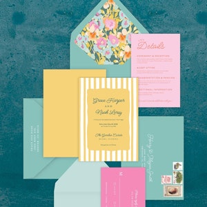 Gelbe Streifen und Blumenhochzeitseinladungs-Reihe 04 Canva-Vorlage | Bearbeitbares Hochzeitseinladungs-Set | Digitaler Download
