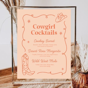 Cowgirl-Cocktails Bar Schild Vorlage, Western Mottoparty, bearbeitbare Cocktailkarte, 8,5x11 "Barkarte