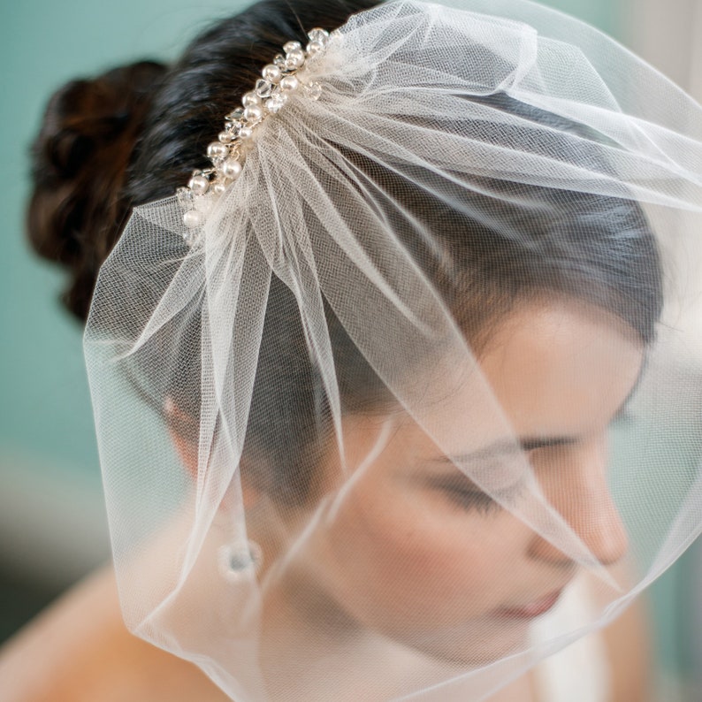 Tulle Birdcage Veil With Crystals and Pearls on Metal Comb Etsy