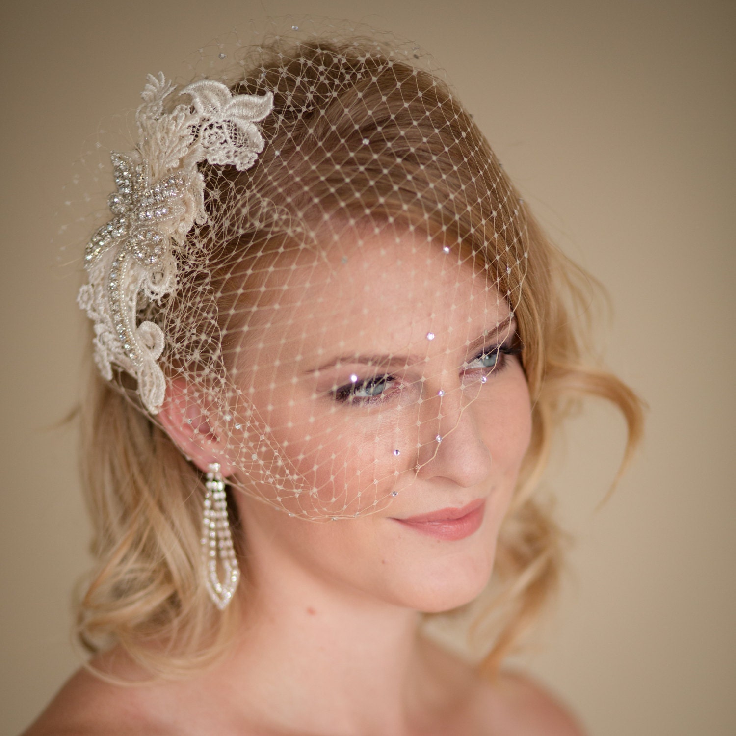 Birdcage Veil with Lace and Rhinestone Fascinator Made to Etsy