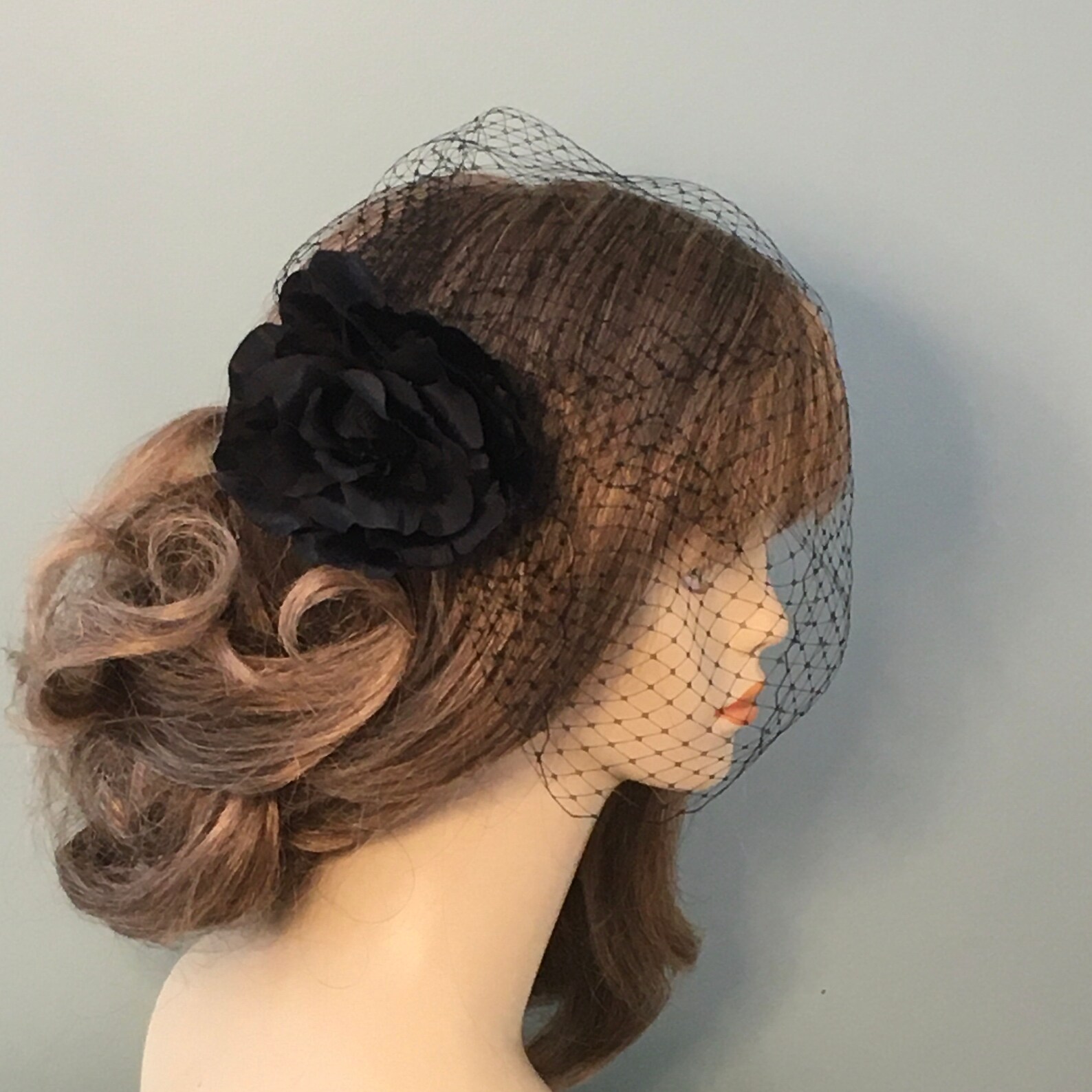 Black Birdcage Veil With Flower Fascinator Goth Bride Etsy