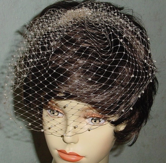 Small Birdcage Blusher Wedding Veil With Pearls On A Pearl And