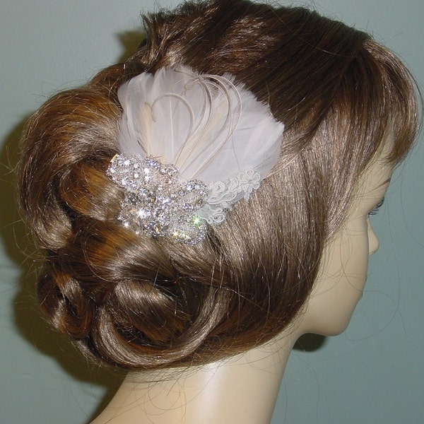 CLEARANCE SALE Ivory Champagne Feather Fascinator Headpiece Crystal Rhinestones - Ready to Ship