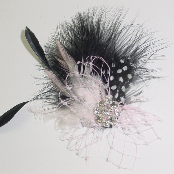 Wedding Headpiece Black w Blush Pink Feather Fascinator  -Ready to Ship