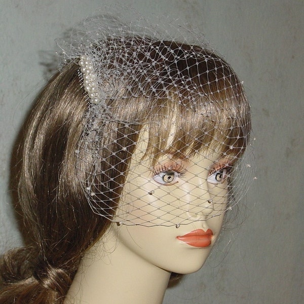 Small Birdcage Blusher Wedding Veil with Pearls on a Pearled Comb Ready to Ship in Ivory 15 Colors Available