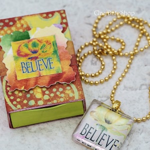 Glass Tile Pendant Necklace in Handmade Gift Box. Dream Glass Tile Pendant Ball Chain Necklace. CD166