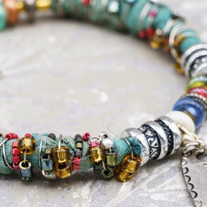 Beaded Bracelet, Handmade Silk Wire Wrapped Memory Wire Czech Glass and Japanese Seed Bead Bracelet with Antique Silver Charm, CDB 8