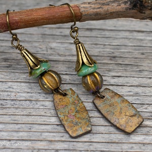 Earrings, Czech Glass and Polymer Clay Beaded Drop Earrings, 1 Pair, Bronze and Turquoise Drop Earrings v