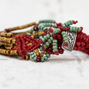 Macrame Bracelet, Handmade Beaded Gold, Turquoise and Red Micro Macrame Bracelet, CDB 79