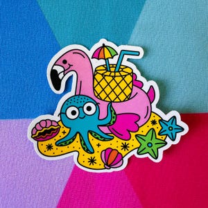 May include: A colorful sticker featuring a pink flamingo pool float with a pineapple drink, a blue octopus wearing glasses, and various beach-themed elements like seashells and starfish.