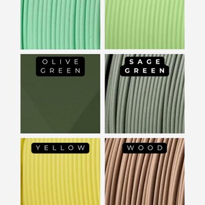Puede incluir: Seis muestras de color de diferentes tonos de verde, amarillo y marr&oacute;n. Las muestras est&aacute;n etiquetadas como "Verde menta", "Verde claro", "Verde oliva", "Verde salvia", "Amarillo" y "Madera". El texto "Opciones de color" est&aacute; debajo de las muestras.