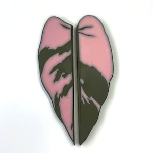 May include: Two halves of a heart-shaped leaf, one pink and one dark green, with a swirling pattern.
