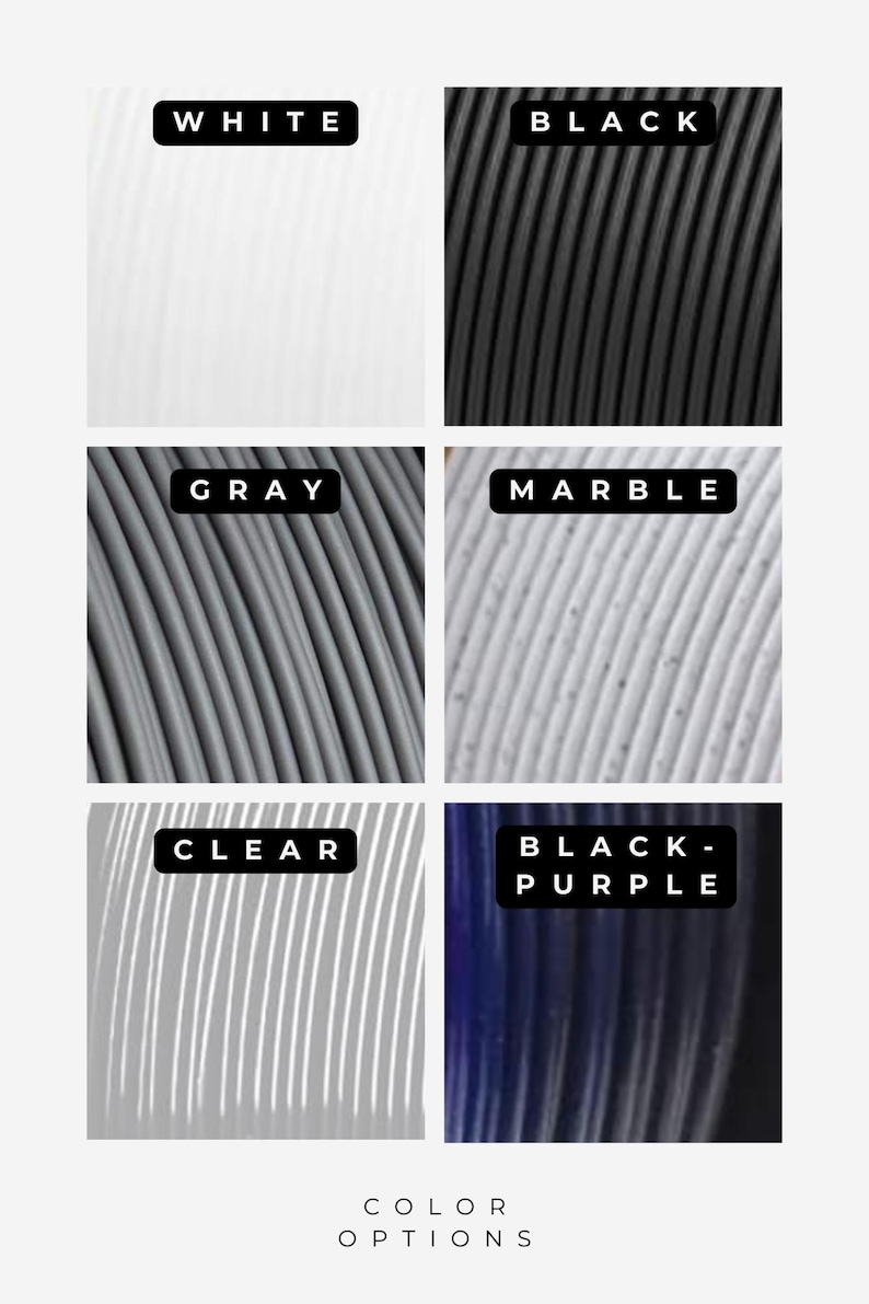 Puede incluir: Una selecci&oacute;n de seis colores diferentes de filamento para impresi&oacute;n 3D. Los colores son blanco, negro, gris, m&aacute;rmol, transparente y negro-p&uacute;rpura.