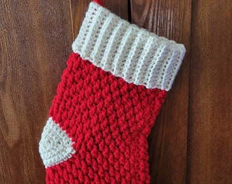 Classic Red and White Christmas Stocking, Traditional Christmas Stocking, Handmade Holiday Stocking, Crochet Christmas Stocking