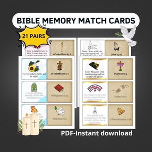 Tarjetas de juego de memoria bíblica para niños, actividades de emparejamiento religiosas para preescolar, aprendizaje cristiano, descarga instantánea imprimible
