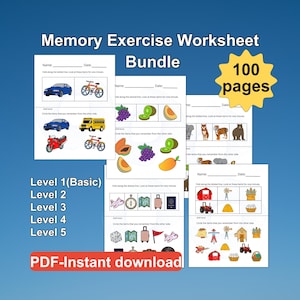 May include: A printable worksheet bundle for a memory exercise game. The bundle includes 100 pages of worksheets with different levels of difficulty. The worksheets feature various images, such as cars, animals, and fruits. The text on the page reads "Memory Exercise Worksheet Bundle 100 pages".