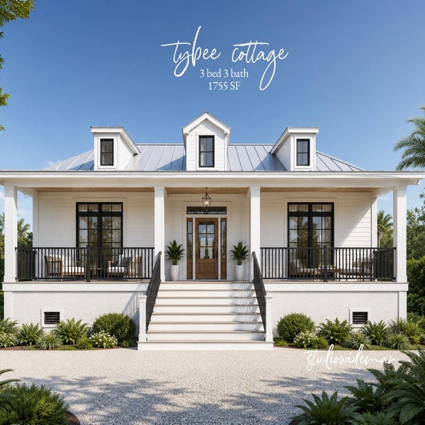 Cottage Bungalow Floor Plan – 3 Bed 3 Bath – 1780 SF Southern Coastal House Plan – Under 1800 SF – Architectural Set Bungalow Collection