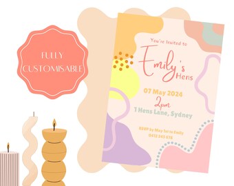 Printable EDITABLE Colourful Wavy Bridal Hens Invitation Template.